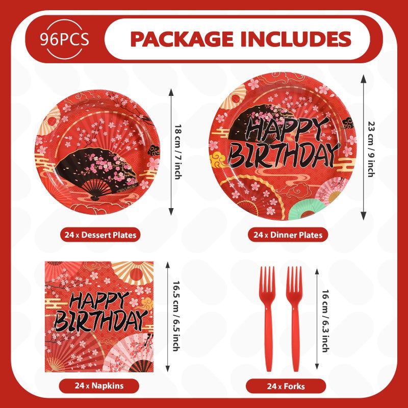 Grencian 96 Pcs Hibachi Party Decorations Folding Fans Birthday Party Supplies Disposable Japanese Fans Paper Plates Tableware for Birthday Hibachi Japanese Party Decorations Serves 24 - Image 5